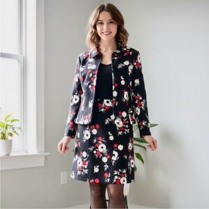 Floral Black and Red Jacket and Skirt Set